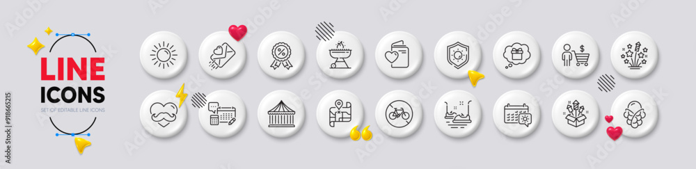 Map, Ice cream and Buyer line icons. White buttons 3d icons. Pack of Fireworks stars, Account, Father day icon. Carousels, Bicycle prohibited, Fireworks rocket pictogram. Vector Map, Ice cream and Buyer line icons. White buttons 3d icons. Pack of Fireworks stars, Account, Father day icon. Carousels, Bicycle prohibited, Fireworks rocket pictogram. Vector