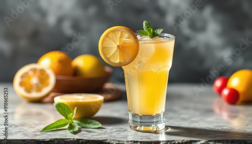 Glass of Lemonade with Lemon and Mint.