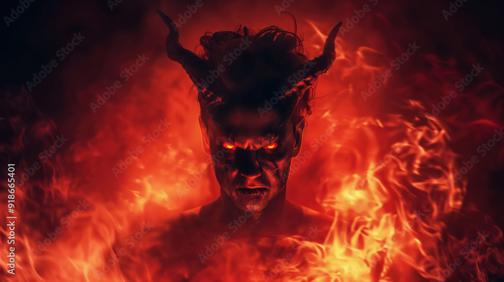 Menacing Devil Figure with Horns and Glowing Eyes Surrounded by Flames Menacing Devil Figure with Horns and Glowing Eyes Surrounded by Flames