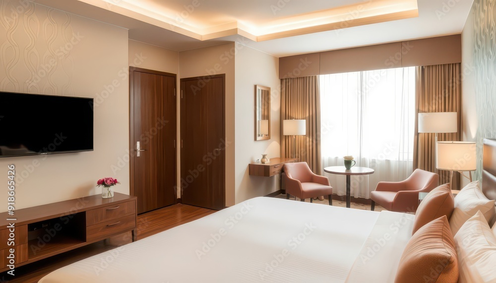 Modern Hotel Room Interior with Comfortable Bed and Stylish Furniture. Modern Hotel Room Interior with Comfortable Bed and Stylish Furniture.