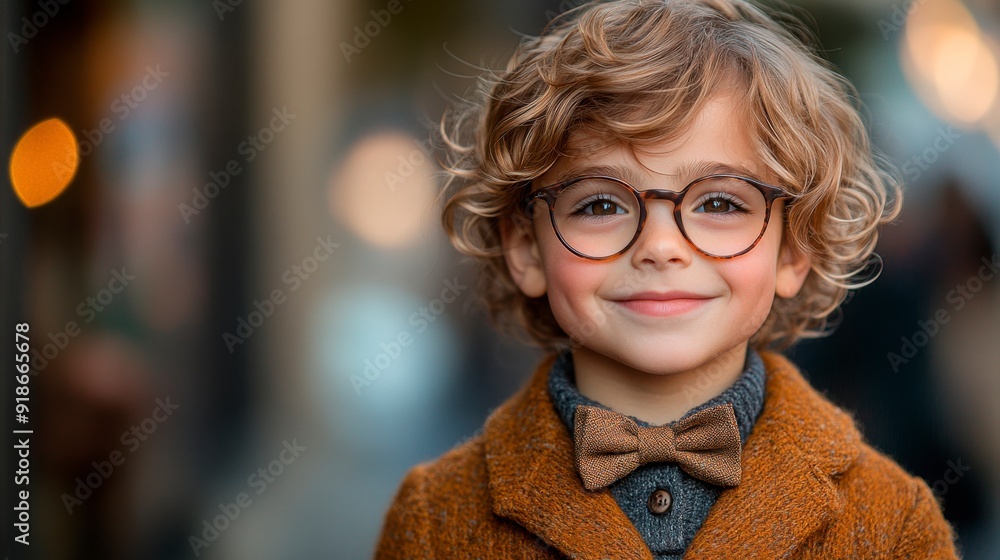 Smiling curly-haired child in glasses and bow tie reflects intelligence and charm with sophisticated style. Smiling curly-haired child in glasses and bow tie reflects intelligence and charm with sophisticated style.