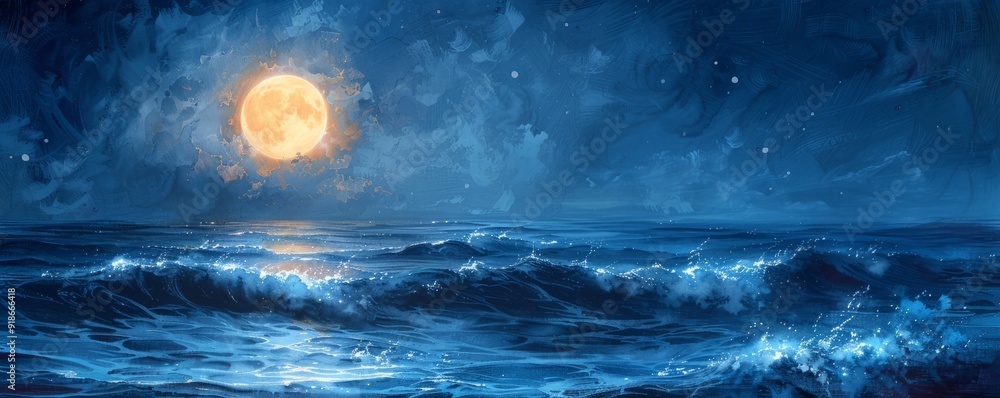 Fototapeta premium A painting of a moonlit ocean with a large, glowing moon in the sky