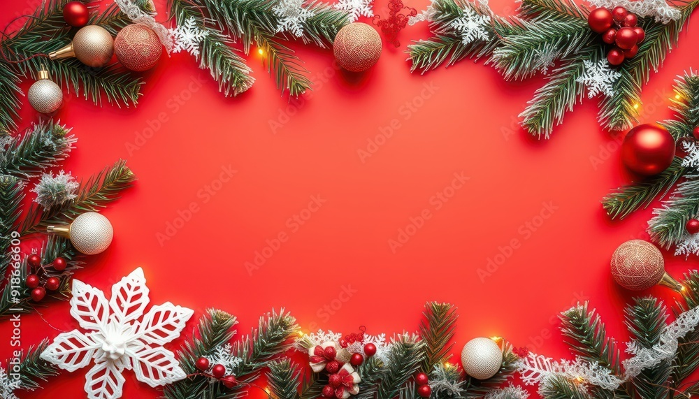 Christmas Frame with Pine Branches, Ornaments and Lights on Red Background. Christmas Frame with Pine Branches, Ornaments and Lights on Red Background.