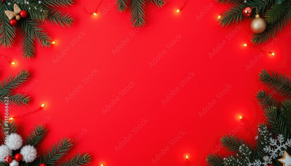Christmas Frame with Lights and Ornaments on Red Background. Christmas Frame with Lights and Ornaments on Red Background.