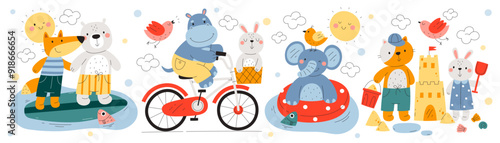 Happy animal characters enjoying summer vacation activity cycling, swimming, resting on beach set