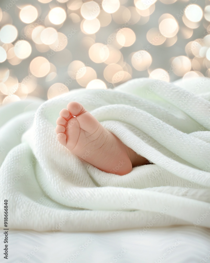 Babies Tiny Foot Wrapped in a Soft Blanket with Bokeh Lights Background Babies Tiny Foot Wrapped in a Soft Blanket with Bokeh Lights Background