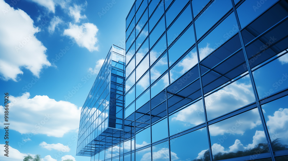 Modern Glass Building Reflecting Blue Sky and Clouds Modern Glass Building Reflecting Blue Sky and Clouds