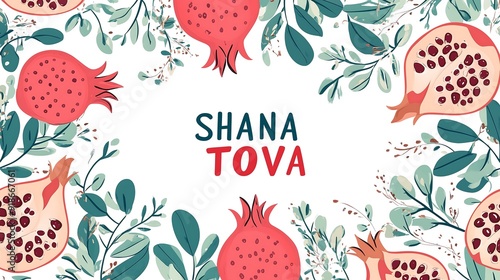 jewish new year greeting card, traditional symbols pomegranates, apples and honey, jewish holidays concept, shana tova, rosh hashanah, card design, greeting banner design with text photo