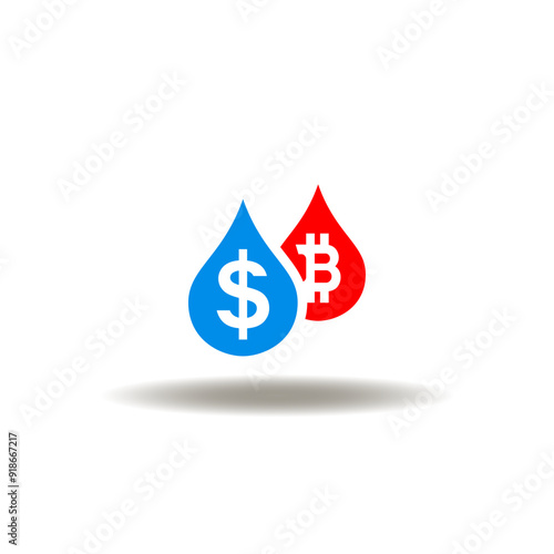 Vector illustration of drops with dollar and bitcoin currencies. Icon of recession. Symbol of banking finance crisis.