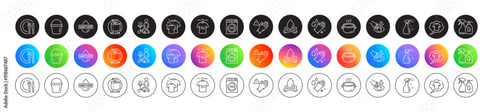 Bucket, Water splash and Dryer machine line icons. Round icon gradient buttons. Pack of T-shirt, Cleaning liquids, Dont touch icon. Dish, Dry t-shirt, Cleaning spray pictogram. Vector Bucket, Water splash and Dryer machine line icons. Round icon gradient buttons. Pack of T-shirt, Cleaning liquids, Dont touch icon. Dish, Dry t-shirt, Cleaning spray pictogram. Vector