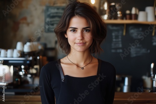 Smiling young brunette Caucasian woman barista in a rustic coffee shop, warm ambiance, casual attire