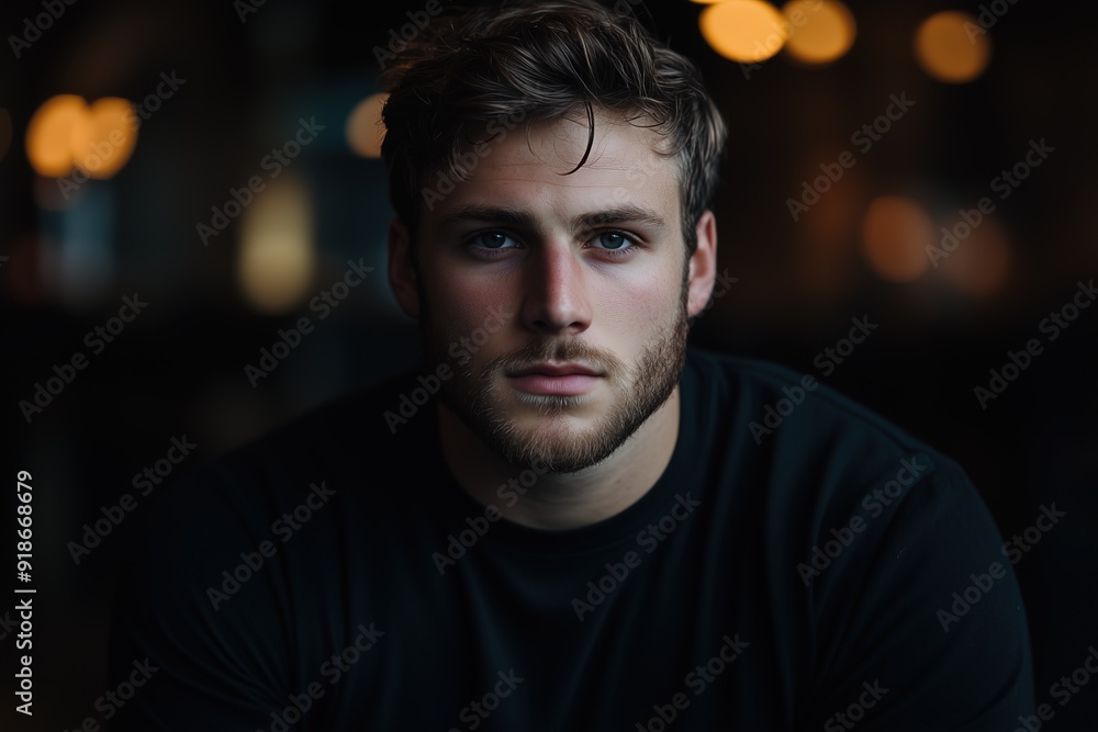 Serious young Caucasian man with short blonde hair, wearing a black shirt, standing in a dimly lit environment Serious young Caucasian man with short blonde hair, wearing a black shirt, standing in a dimly lit environment