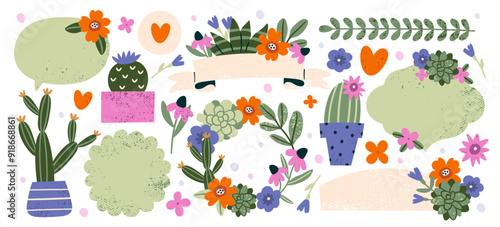 Vintage cactus flowers wreath, decorative flowerpots, wedding composition colorful graphic set