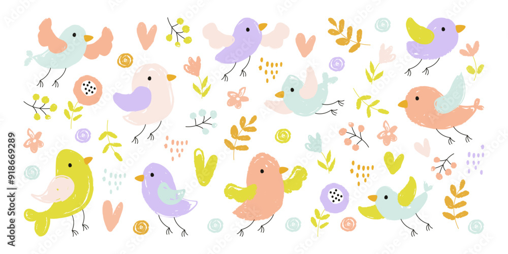 Cute birds and flowers colorful scribble sketch pencil drawn set in brush style vector illustration Cute birds and flowers colorful scribble sketch pencil drawn set in brush style vector illustration