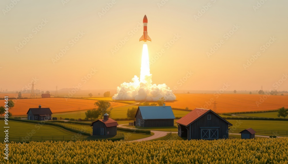 Obraz premium Rocket Launch Over Rural Landscape.