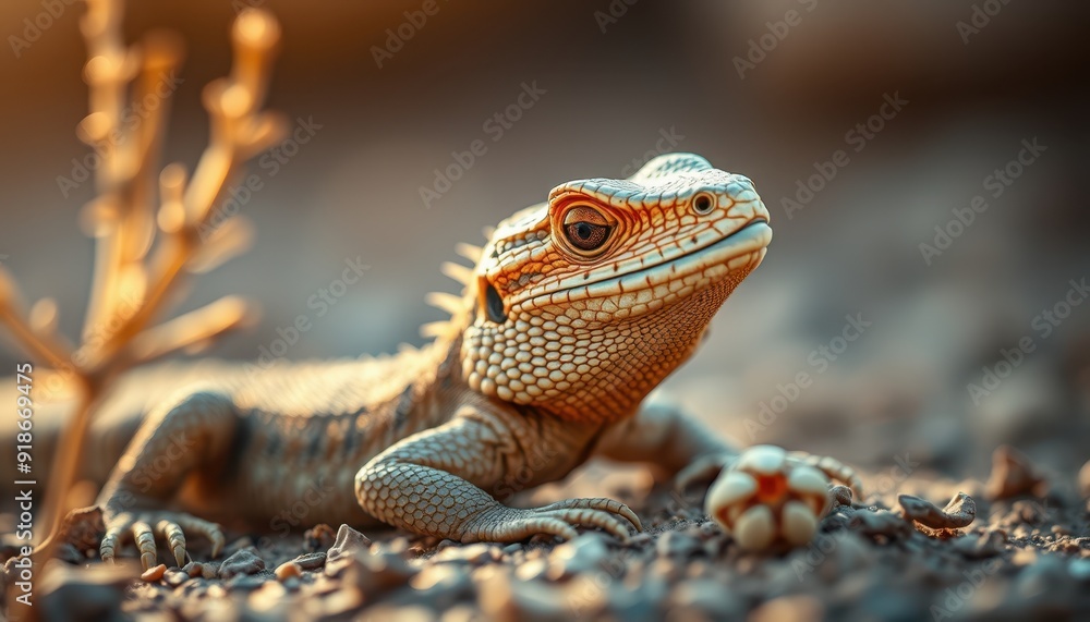 Desert, Lizard Sitting on Dirt with Small Food Ball at Its Feet Desert, Lizard Sitting on Dirt with Small Food Ball at Its Feet