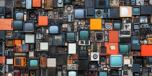 E-Waste Explosion: A wall of old electronics, including outdated computers, monitors and phones photo