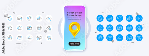 Phone mockup with 3d map pin icon. Safe time, Growth chart and Artificial intelligence line icons. Pack of Shopping cart, Search photo, Cloud computing icon. Vector