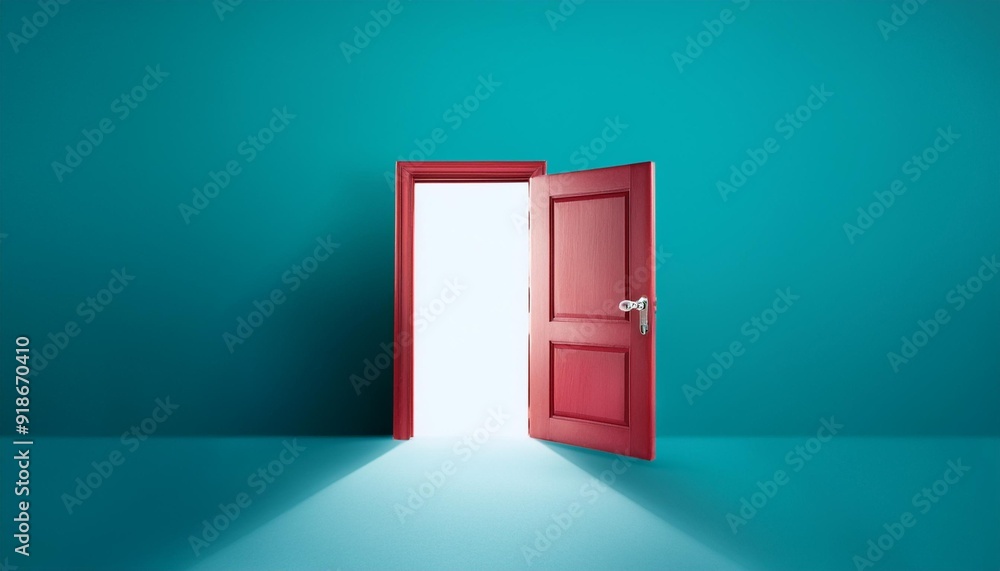 An open red door allows light to flood into a teal room, offering ample copy space. An open red door allows light to flood into a teal room, offering ample copy space.