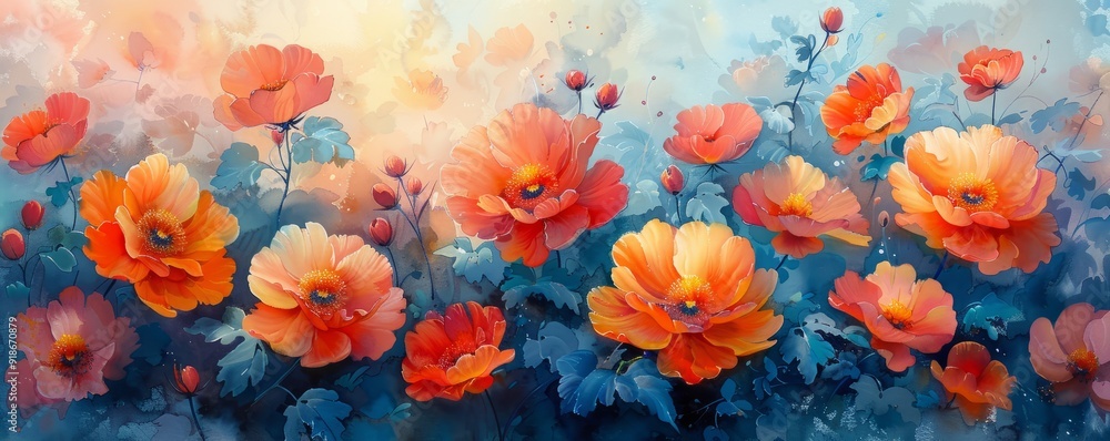 A painting of a field of red flowers with blue sky in the background A painting of a field of red flowers with blue sky in the background