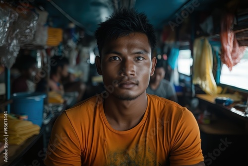 Young man with short hair wearing a bright orange shirt, sitting in a busy ship's mess hall, focused expression.