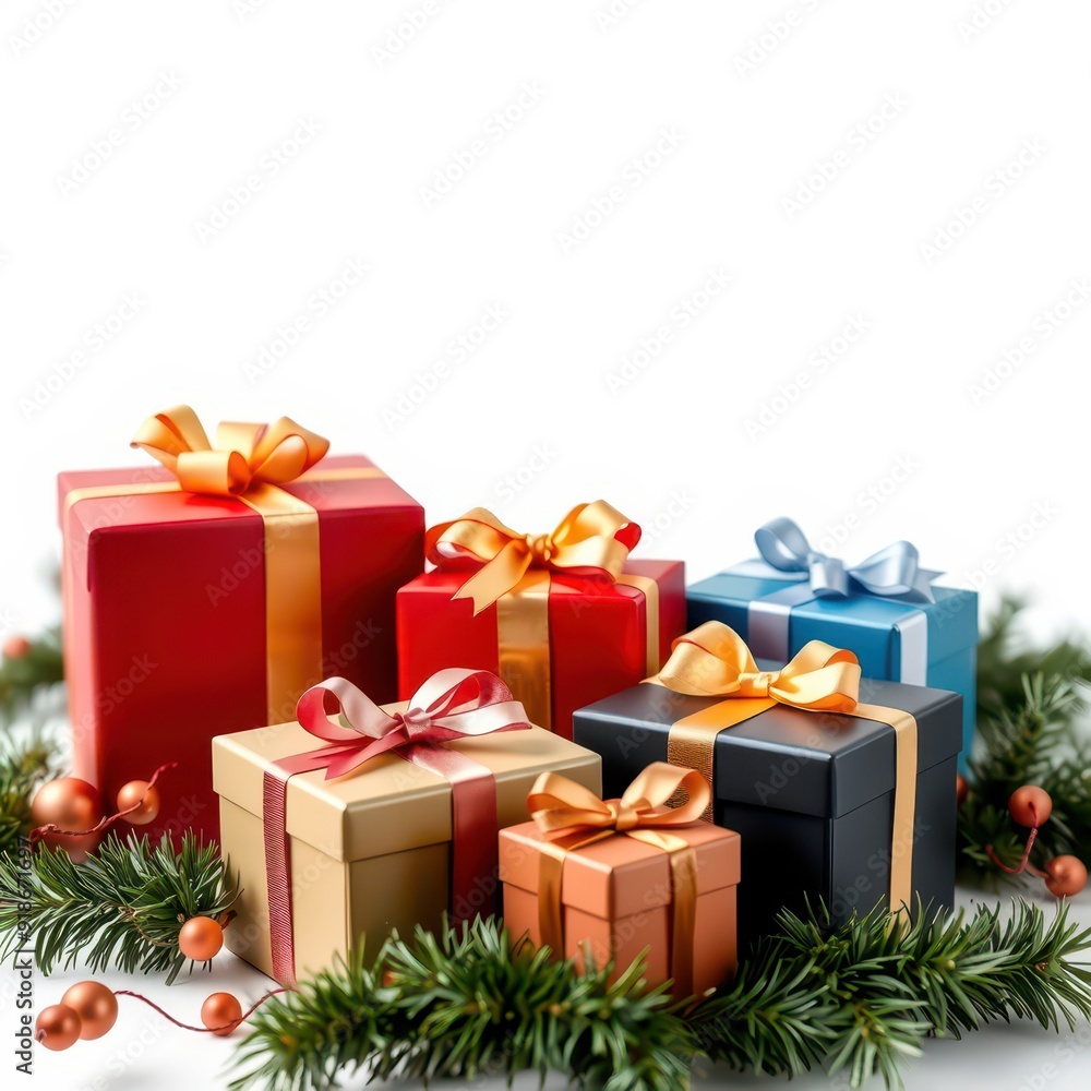 Christmas Gift Boxes with Pine Branches and Decorations. Christmas Gift Boxes with Pine Branches and Decorations.