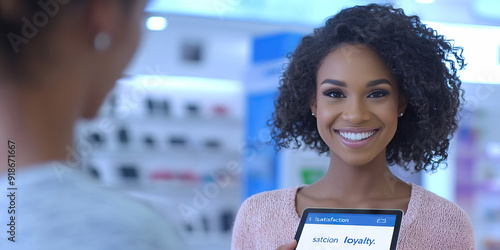 Customer Centric: A happy customer smiling at a salesperson, with a tablet showing 