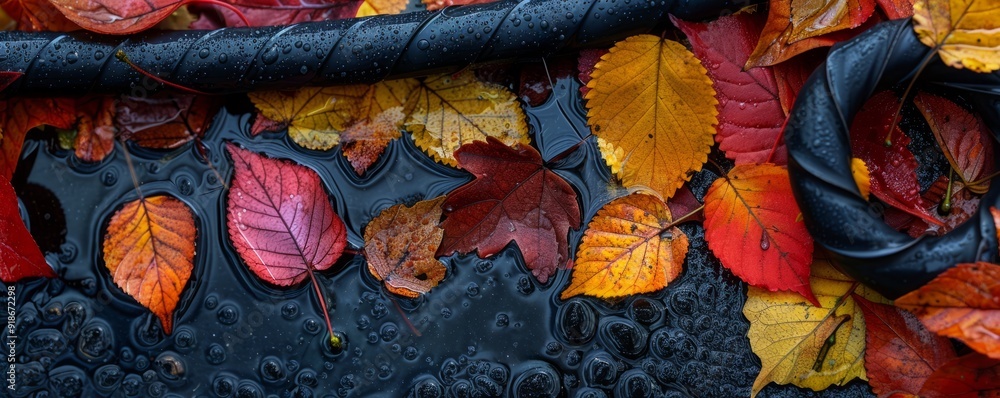 Autumn leaves on a garden hose Autumn leaves on a garden hose
