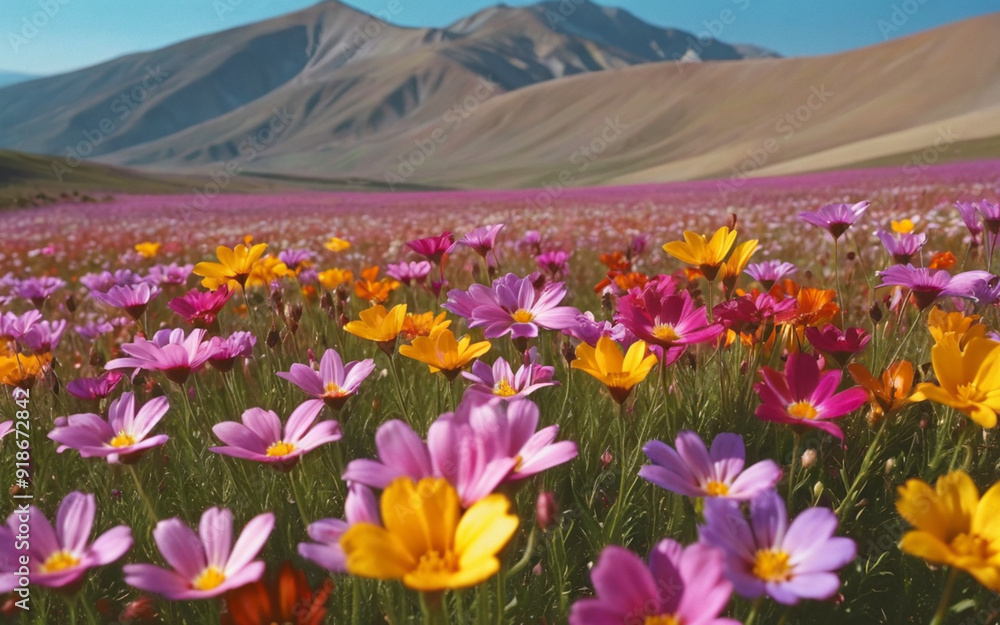 Obraz premium Photo of a field of colorful flowers with mountains in the background.