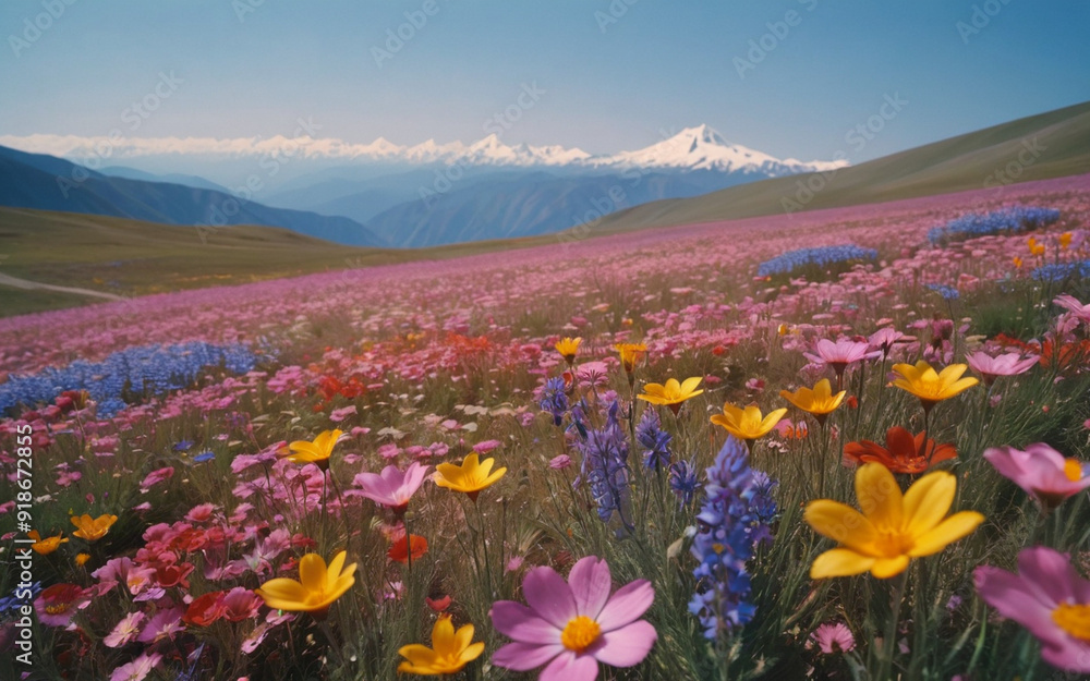 Photo of a field of colorful flowers with mountains in the background. Photo of a field of colorful flowers with mountains in the background.