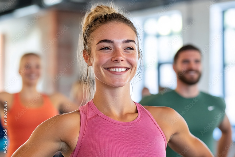 Group Fitness Class with Smiling Young Adults Working Out in Gym Group Fitness Class with Smiling Young Adults Working Out in Gym