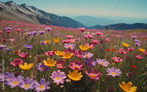 Photo of a field of colorful flowers with mountains in the background.