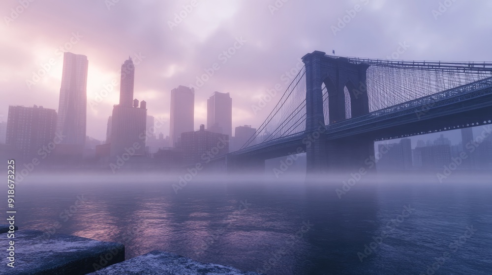 Fototapeta premium The Brooklyn Bridge and Cityscape in a Misty Sunrise