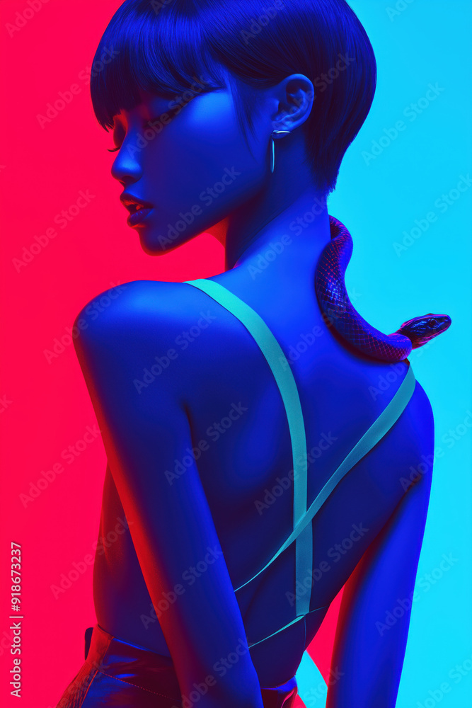 A female model woman with her dragon snake around her in unique bright vibrant neon lighting and high contrast colored background in surreal, neon-colored vaporwave dreamscape fantasy fashion scene A female model woman with her dragon snake around her in unique bright vibrant neon lighting and high contrast colored background in surreal, neon-colored vaporwave dreamscape fantasy fashion scene