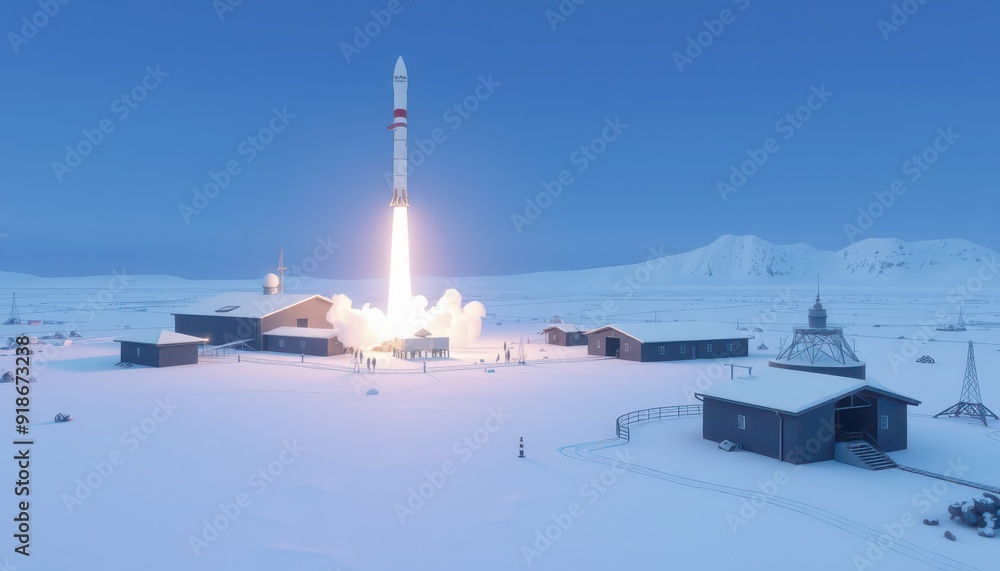 Rocket Launch in a Snowy Landscape. Rocket Launch in a Snowy Landscape.
