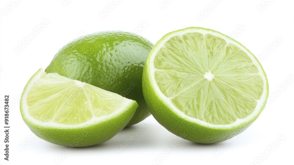 Two Fresh Green Limes Cut Open on White Background Two Fresh Green Limes Cut Open on White Background