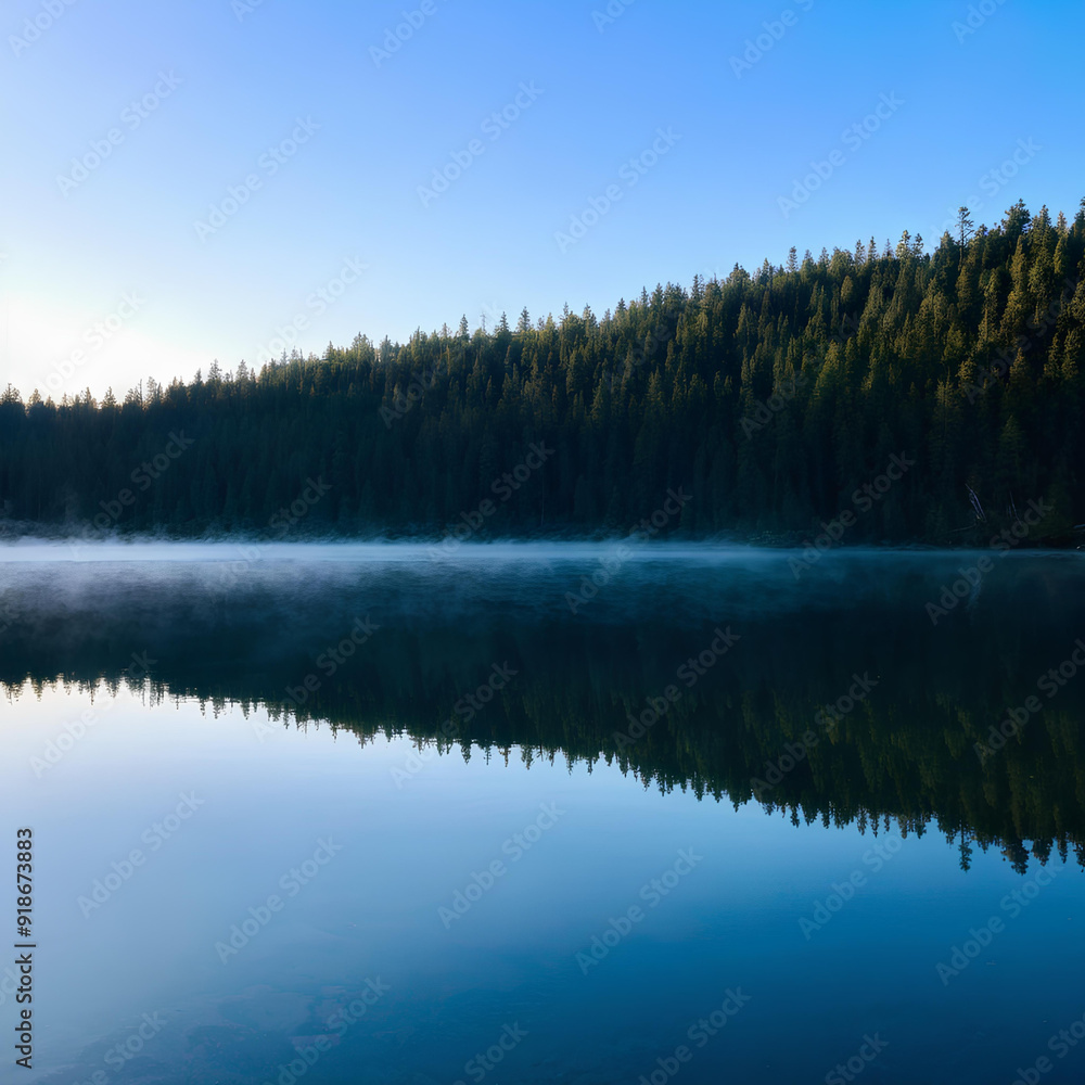 Serene mountain lake at sunrise, mist rising over calm waters, pine trees reflecting in the water. Serene mountain lake at sunrise, mist rising over calm waters, pine trees reflecting in the water.