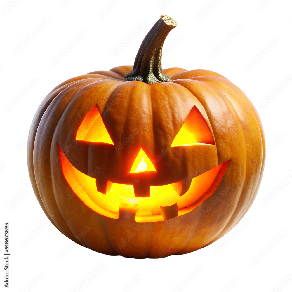 Fototapeta premium Spooky halloween pumpkin glowing face isolated on white background