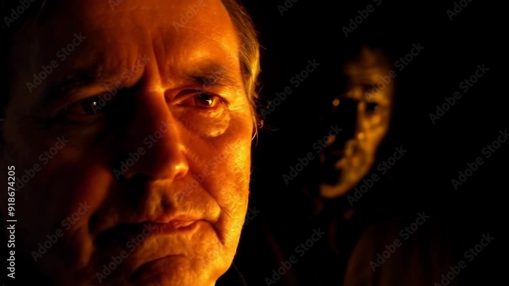Elderly Man in Low Light with Shadowy Figure in Background Elderly Man in Low Light with Shadowy Figure in Background