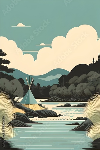illustration of a landscape featuring hills, nature and a teepee, forest, river, sunrise, sunset, wilderness, trees, sky, clouds, grass, poster, rocks, tranquility, adventure, outdoors, serenity