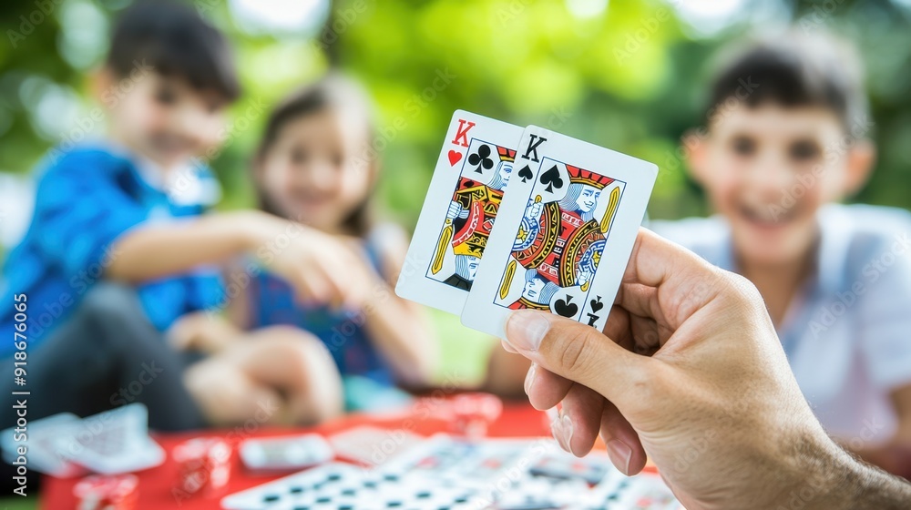 Fototapeta premium Close-up of hand holding two kings while playing card game outdoors with friends on a sunny day. Fun, leisure, and entertainment.