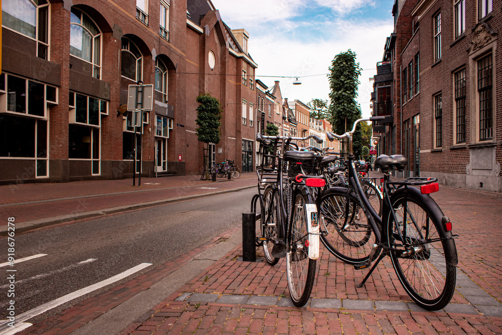 Bicycles on a street in the Netherlands. Bicycles on a street in the Netherlands.