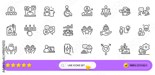 Inclusion, Genders and Ranking line icons for web app. Pack of Correct checkbox, Hold heart, Disability pictogram icons. Clean shirt, Build, Social media signs. Cyber attack. Search bar. Vector
