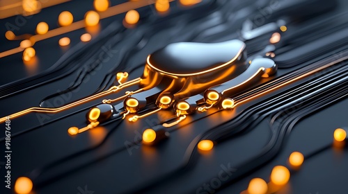 Circuitry Heartbeat: A close-up of a futuristic circuit board with glowing orange pathways, culminating in a sleek, metallic heart-shaped component. The image evokes a sense of technological advanceme photo