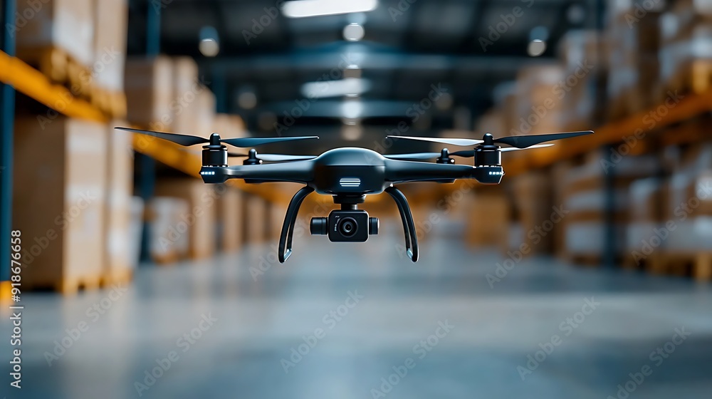 Drone Surveying the Warehouse: A high-tech drone hovers amidst towering shelves, capturing the scale and efficiency of modern logistics. Drone Surveying the Warehouse: A high-tech drone hovers amidst towering shelves, capturing the scale and efficiency of modern logistics.