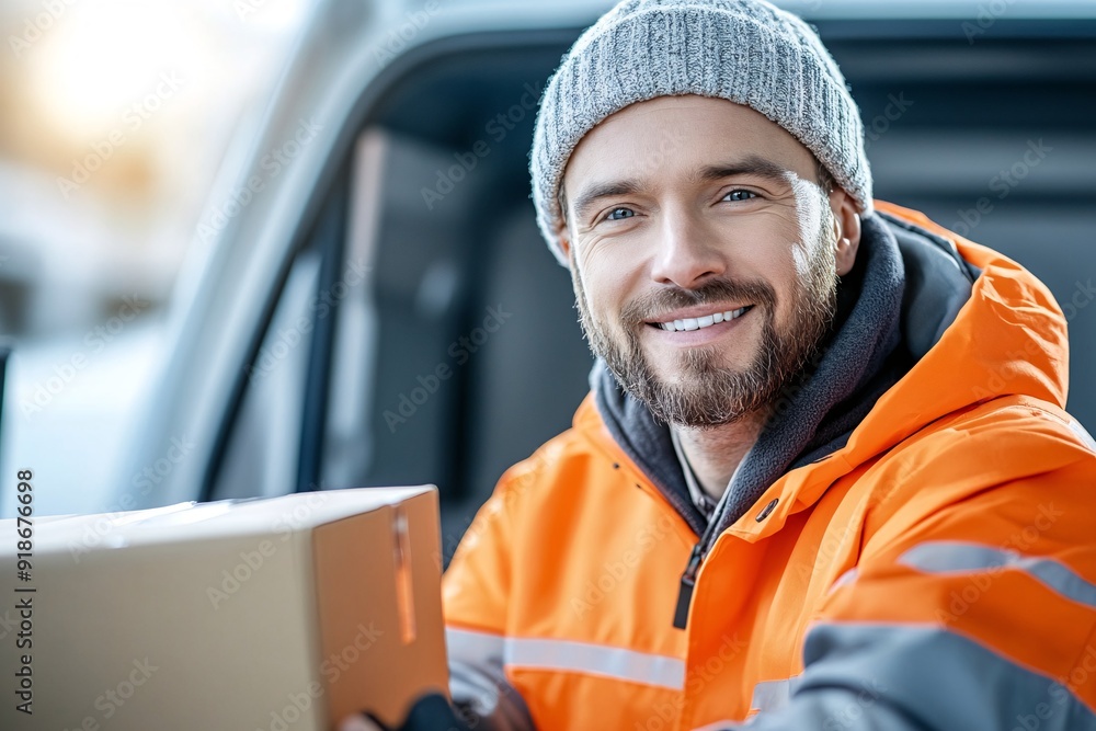 Smiling Delivery Man in Winter Clothing Holding a Package Outdoors Smiling Delivery Man in Winter Clothing Holding a Package Outdoors