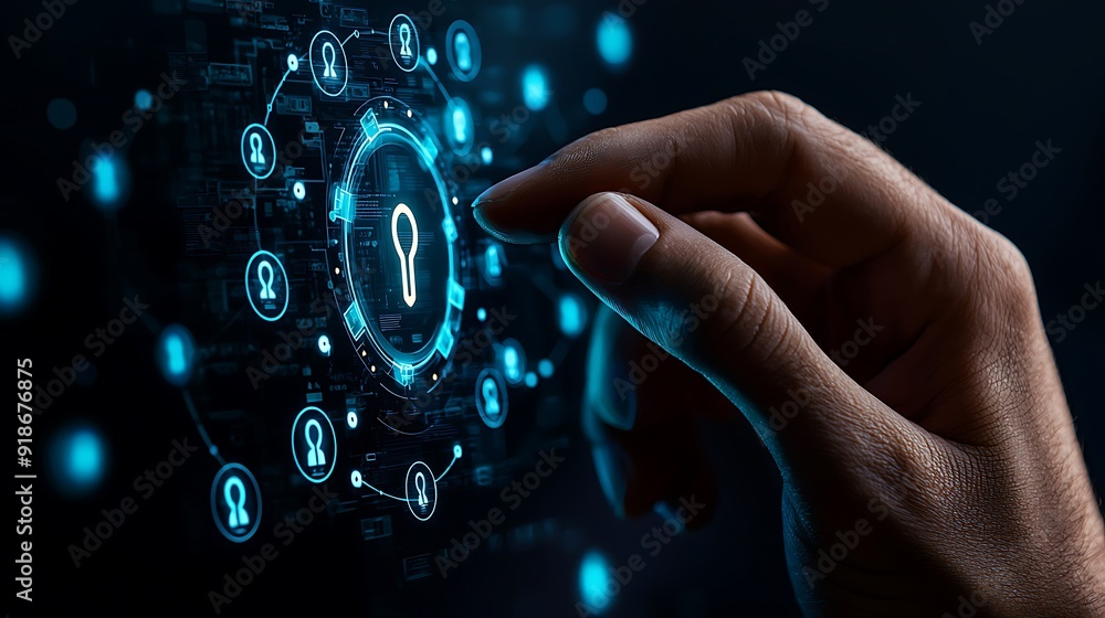 Cybersecurity: A hand reaches out to unlock a digital security system, representing protection, access, and control in a network of interconnected data points. The blue hue evokes trust and reliabilit Cybersecurity: A hand reaches out to unlock a digital security system, representing protection, access, and control in a network of interconnected data points. The blue hue evokes trust and reliabilit