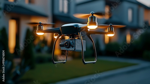 Drone's Eye View: Modern technology meets suburban tranquility as a sleek drone hovers at twilight, its camera poised to capture the illuminated homes below. 