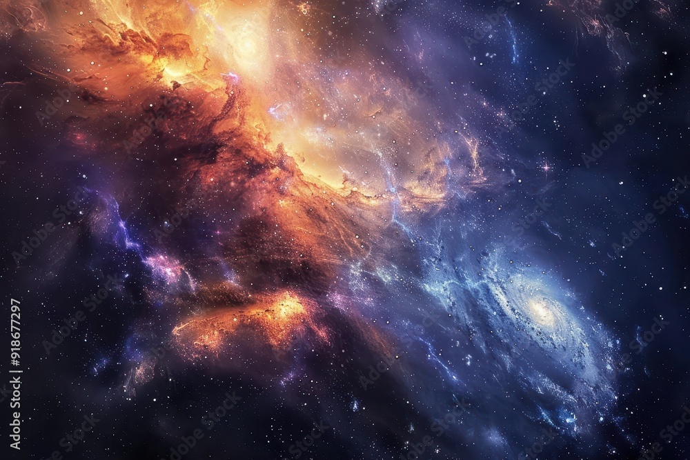 Fototapeta premium Vibrant Space Nebula with Glowing Stars and Colorful Dust Clouds