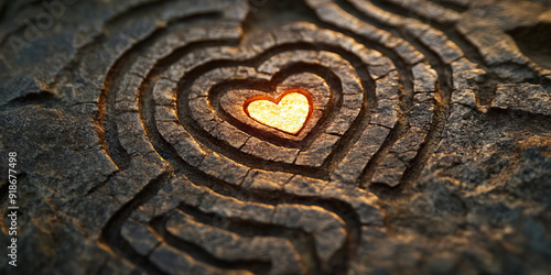 Endless Labyrinths of Love: A maze symbol carved into a weathered stone wall, leading to a single, glowing heart at its center. photo